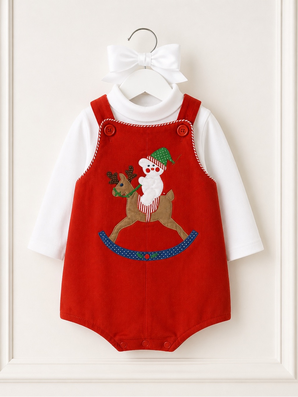 Vintage Baby 12M Bubble w Turtleneck Set Rocking Reindeer Snowman Christmas USA
